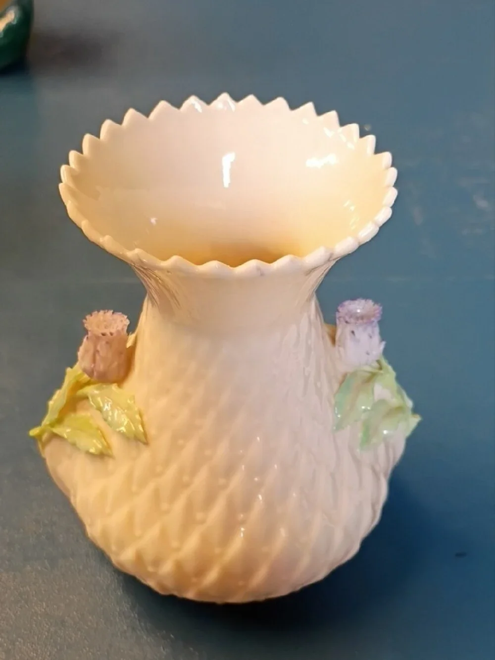 Belleek PotteryCream-White Porcelain Vase with Pastel Floral Appliqués